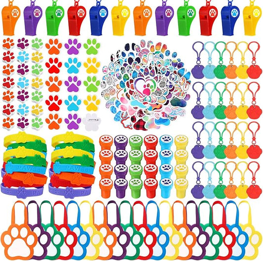 Skylety 266 Pcs Dog Paw Party Favors Supplies Gift Set Non Woven Gift Bags Whistle Stamper Keychain Silicone Bracelet Erasers Sticker Acrylic Brooch Puppy Themed Girl Boy Birthday Goodie Bag Filler