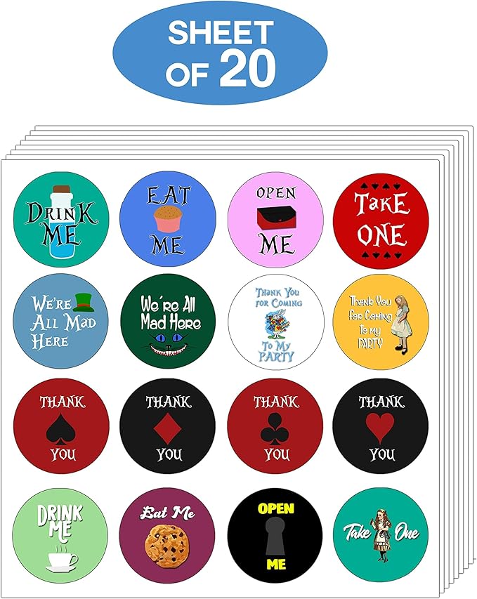 Creanoso Alice in Wonderland Stickers (20-Sheet) - Cool Stocking Stuffers Gifts for Children Boys Girls Kids Teens - Fun School Enticements - Mad Hatter Party Favors DIY Decal