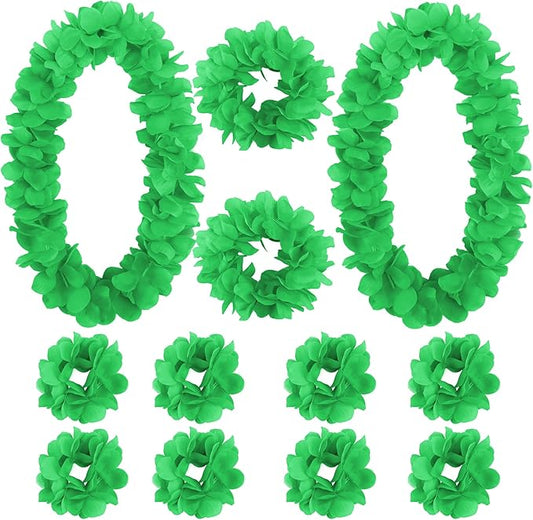 HOBBY HORSE 12 Pieces Hawaiian Luau Flower Leis Halloween Decor Leis Green Necklaces Bracelets Headband Anklets Set Tropical Party Favor for Halloween Cosplay Beach Wedding Birthday Party Supplies