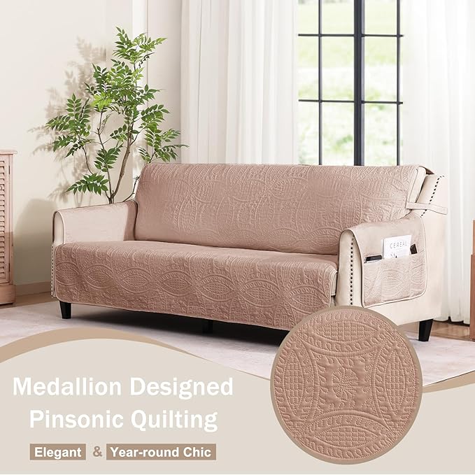 Soft Quilted Pink Couch Cover Waterproof for Extra-Large Sofa, Anti-Slip Sofa Covers for Dogs Washable, Pet Friendly Oversized Sofa Cover with Storage Pockets (X-Large Sofa 78", Pink)