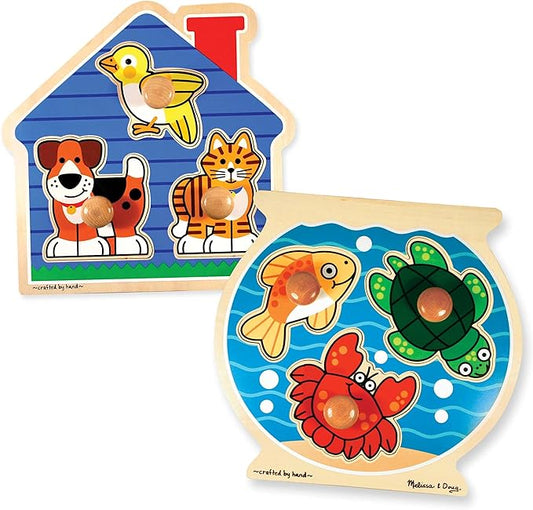 Melissa & Doug Animals Jumbo Knob Wooden Puzzles Set - Fish and Pets - Chunky Wooden Puzzles for Toddlers, Animal Puzzles For Kids Ages 1+