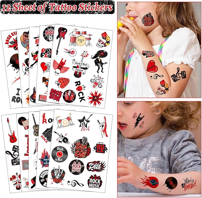 Rock and Roll Party Favors, Rock Star Supplies Decorations Includes 12 Keychain, 12 badge, 12 Bracelet,12Bags, 12 sheet tattoos for 80s 90s Rock Party Favors Goodie Bags Stuffers