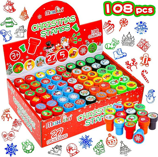 Max Fun 108Pcs Christmas Assorted Stamps for Kids Christmas Party Favors Supplies Christmas Goodies Bags Stuffers Christmas Stocking Stuffers Classroom Game Reward Prizes(Christmas Stamper)