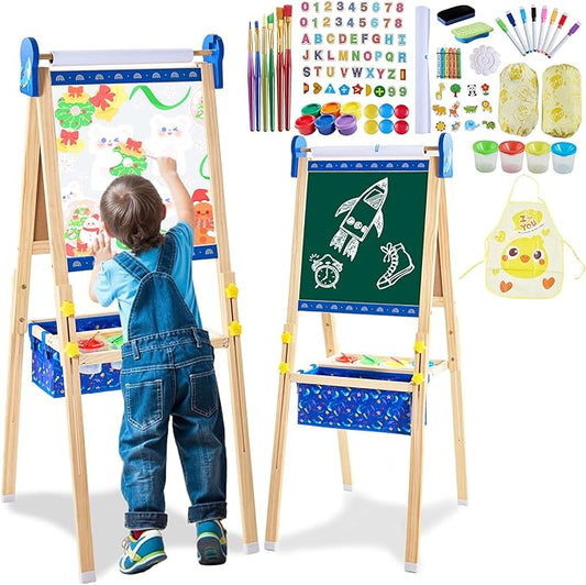 Easel for Kids, Art Easel Kids Easels for Toddlers, Adjustable Magnetic Chalkboard & Whiteboard Wooden Painting Easel with Paper Roll, Foldable Easel for Toddlers Boys Girls Ages 3-12 (Blue)