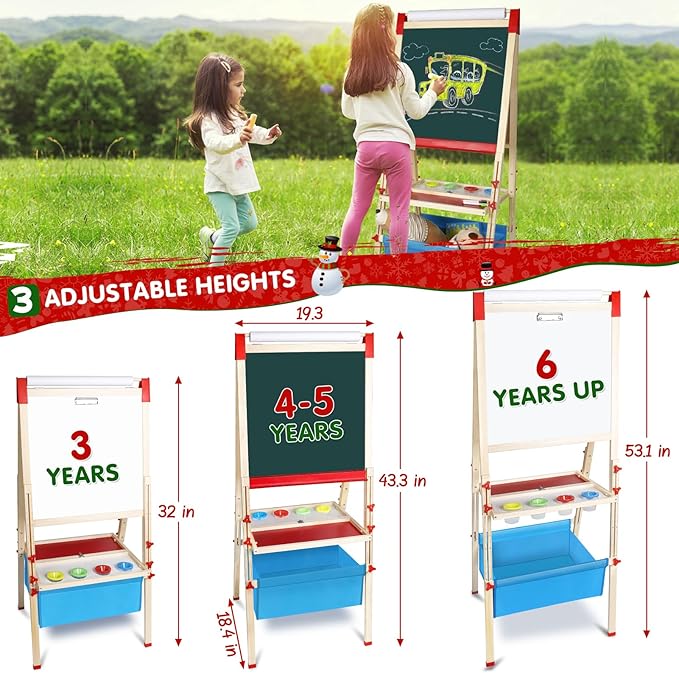 Easel for Kids Foldable Art Easels for Toddlers-Adjustable Standing Wooden Drawing Easel with Paper Roll-Magnetic Double Sided Whiteboard & Chalk board-130+pcs Accessories Easel for Kids 2-4 4-8 9-12