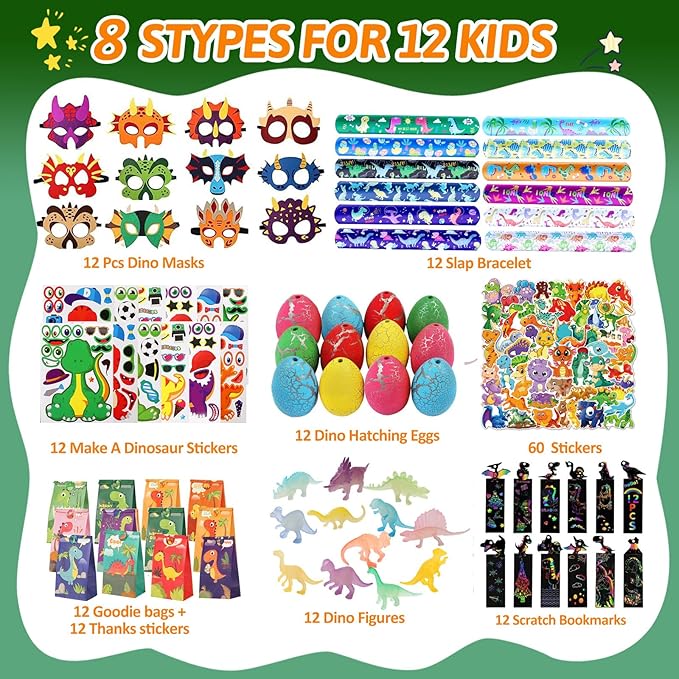 Dinosaur Party Favors For 12 Kids, Dinosaur Birthday Party Supplies, Dinosaur Goodie Bags for Boys Girls Birthday, Dinosaur Gifts Bags Fillers Pinata Stuffers, Dinosaur Themed Party Toys