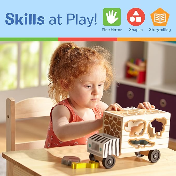 Melissa & Doug Animal Rescue Shape-Sorting Truck - Wooden Toy With 7 Animals and 2 Play Figures -Vehicle Toys For Toddlers