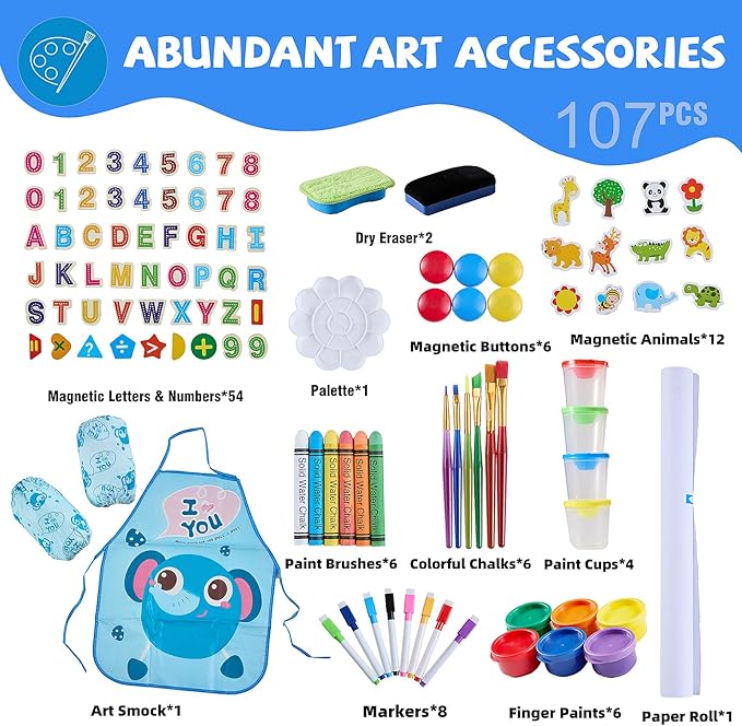 Easel for Kids, Art Easel Kids Easels for Toddlers, Adjustable Magnetic Chalkboard & Whiteboard Wooden Painting Easel with Paper Roll, Foldable Easel for Toddlers Boys Girls Ages 3-12 (Blue)