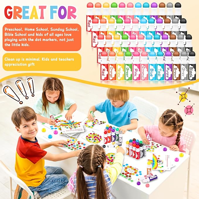 Soucolor 48-Pack 12 Colors Washable Bingo Paint Daubers Markers for Toddlers Kids Preschool, Dot Markers Set with 4- Pack Tearable Activity Books for Toddler Arts and Crafts Kits Supplies