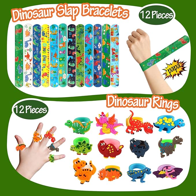 Dinosaur Party Favors For Kids, 134 Dino Party Favors With Slap Bracelets, Keychains, Rubber Rings, Make-a-Face Sticker, Dinosaur Stickers, Dinosaur Figures, Dinosaur Eggs, Dinosaur Goodie Bags