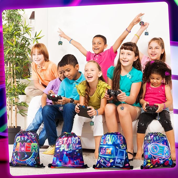 Talltalk 48 Pcs Neon Video Game Party Favors with 16 Neon Video Game Drawstring Backpack Gamer Goodie Bags Snack Candy Bags 16 Game Wristband Rubber Bracelet 16 Keychains for Neon Game Birthday Party