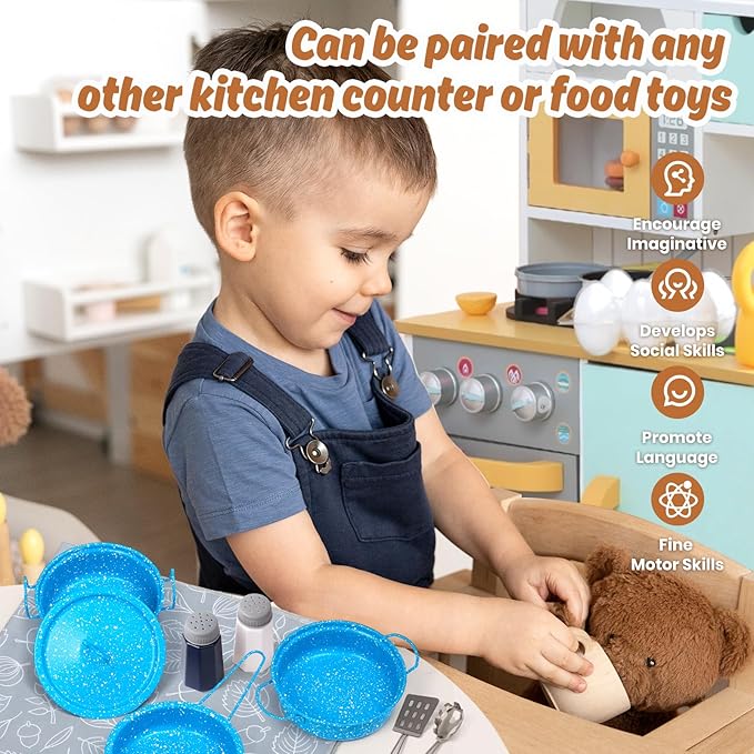 Kids Play Kitchen Toy Accessories Set Toddler Cooking Playset Colorful Stainless Steel Pots and Pans Birthday Gifts for 3+ Girls Boys (New Blue)