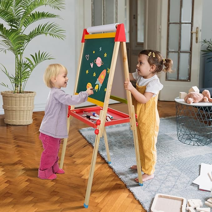 Easel for Kids Double-Sided Kids Easel with Paper Roll Wooden Art Easel Whiteboard & Chalkboard Adjustable Standing Toddler Easel with Accessories Gift for Boys and Girls