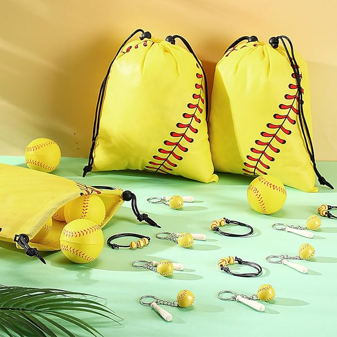 Nuogo 48 Pcs Softball Party Favors Softball Gifts for Girls Include 12 Pcs Softball Goodie Bags 12 Pcs Softball Keychain 12 Pcs Softball Bracelets and 12 Pcs Softball Stress Balls for Sport Party