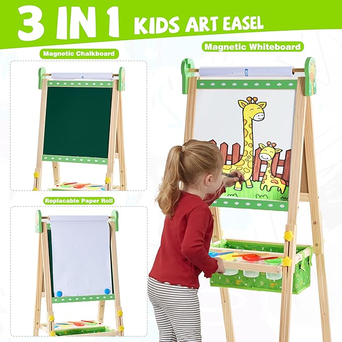 Easel for Kids, Art Easel Kids Easels for Toddlers, Adjustable Magnetic Chalkboard & Whiteboard Wooden Painting Easel with Paper Roll, Foldable Easel for Toddlers Boys Girls Ages 3-12 (Grass Green)