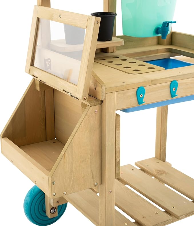 Kids Potting Bench, Outdoor Wooden Toy Toddler Gardening Table with Wheels, Sink & Faucet, Storage Shelves, Planting Pots, Durable, Weatherproof Backyard Playset for Kids Age 3+ Years