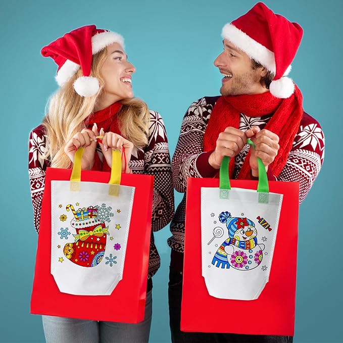 Pasimy 24 Pieces Mandala Christmas Coloring Goodies Bags with 144 Makers Recycle Bag Coloring Gifts Bags Color Your Own Totes for Kids DIY Painting Art Crafts Xmas Holiday Birthday Party Favors