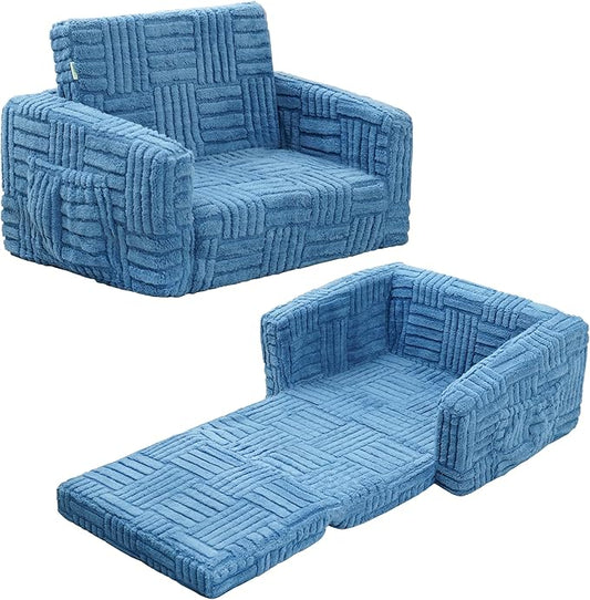 Kids Sofa, Toddler Chair, 2-in-1 Flannel Kids Fold Out Couch, Toddler Convertible Sofa to Lounger, Flip Open Toddler Couch for Kids (Blue)