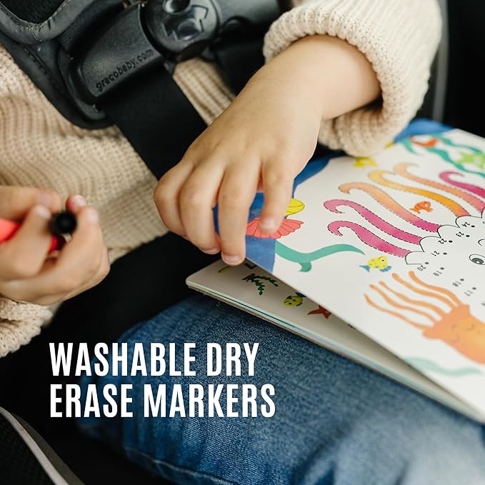 Kids Small Size Travel Educational Activity Book with Washable Markers (7"x7") - Car and Airplane Activities, Learning Toys for Toddlers - Search and Find, Reusable Stickers for Ages 4, 5, 6 (Ocean)