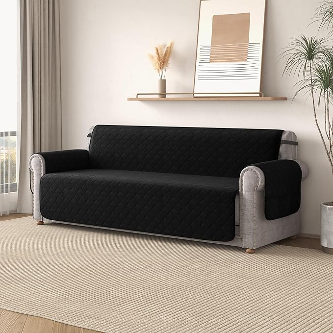 CHUN YI Couch Cover, Water Resistant Slipcover for 3 Cushion Sofa, Washable Sofa Cover with Adjustable Strap Storage Pocket for Living Room Dog Pet (Sofa, Black)