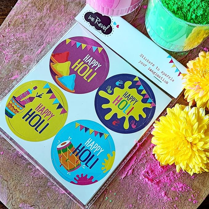 Happy Holi Stickers, 40 Pieces, 2 inches, Round, 4 Unique Designs
