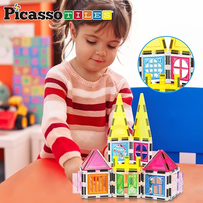 PicassoTiles Magnetic Tiles 61pc Magnet Tile Building Blocks Construction Sensory Toy Set with Storage Carry Case Drawstring Bag STEM Kids Learning Educational Pretend Play Boy Girl Ages 3+ & Up PT05