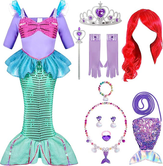 Spooktacular Creations Halloween Little Mermaid Costume for Girls, Sequin Mermaid Dress Set, Light Purple Princess Dress for Toddler Dress-Up, Cosplay Party (Large (10-12 YRS))