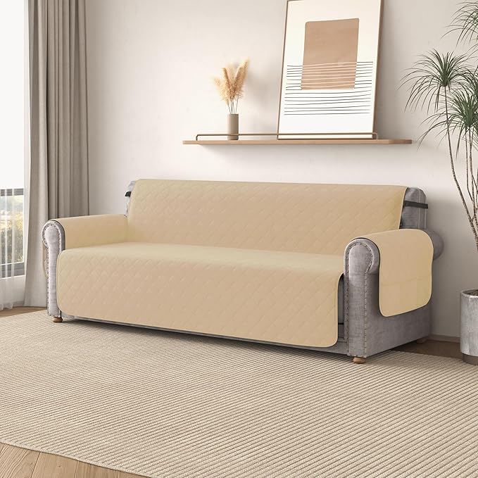 CHUN YI Oversized Couch Cover, Water Resistant Sofa Cover Slipcover for 4 Cushion Sofa, Washable with Adjustable Strap Storage Pocket for Living Room Dog Pet (Oversized Sofa, Sand)