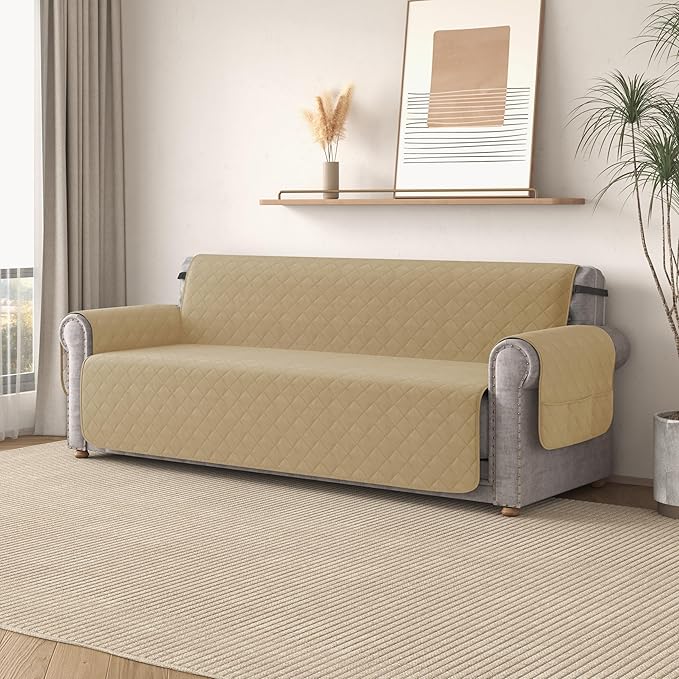 CHUN YI Couch Cover, Water Resistant Slipcover for 3 Cushion Sofa, Washable Sofa Cover with Adjustable Strap Storage Pocket for Living Room Dog Pet (Sofa, Khaki)