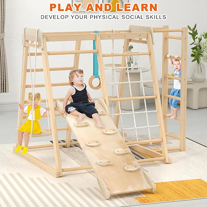 Jungle Gym, Toddler Climbing Toys, Indoor Playground Climbing Toys for Toddlers, Montessori Style Playground Sets for Backyards with Slide, Climbing Wall, Rope Wall Climber, Monkey Bars, Swing