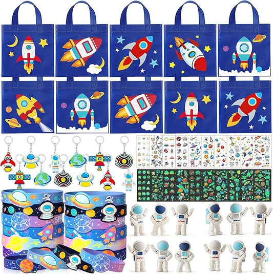 Outer Space Party Favors Birthday Supplies, Space Themed Non-Woven Gift Bag Astronaut Eraser Silicone Bracelet Keychain Luminous Tattoo Stickers Galaxy Space Goodie Bags for Kids Party Decoration