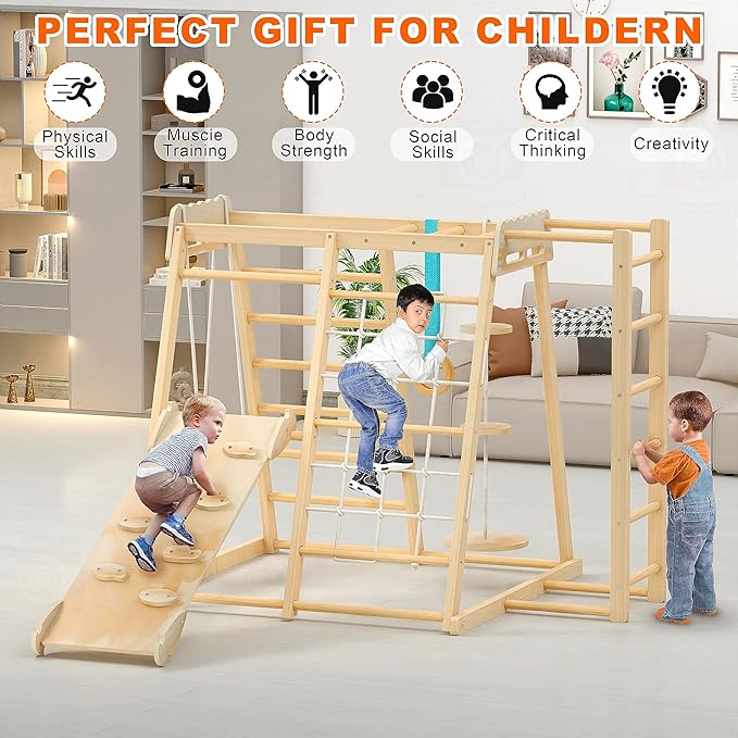 Jungle Gym, Toddler Climbing Toys, Indoor Playground Climbing Toys for Toddlers, Montessori Style Playground Sets for Backyards with Slide, Climbing Wall, Rope Wall Climber, Monkey Bars, Swing