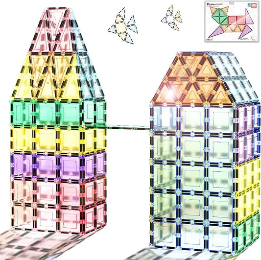 PicassoTiles Magnet Tile Building Block Set Magnetic Construction Square Triangle Tiles Toy Kit Sparking Creativity Geometric Shapes STEM Educational Learning Brain Development Kids Ages 3+ PB36