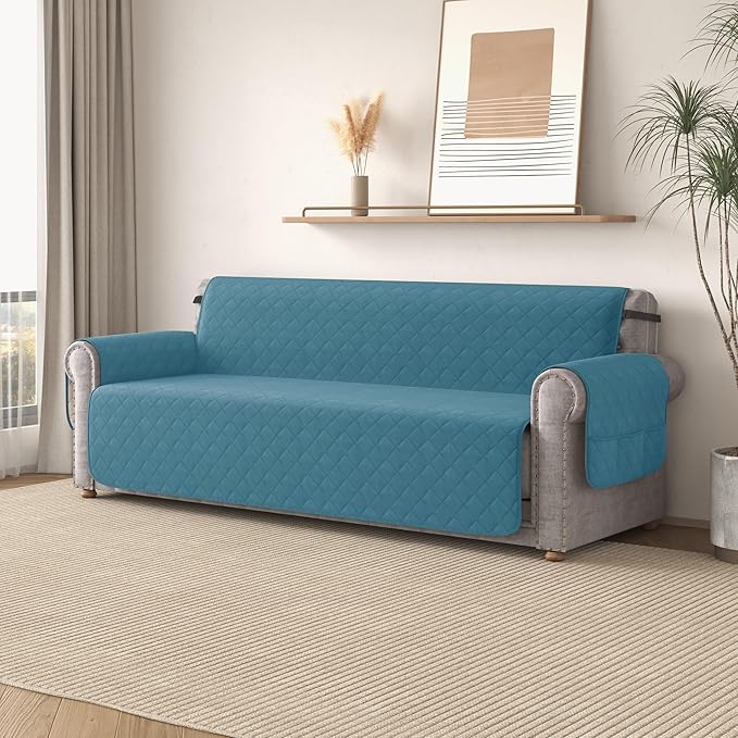 CHUN YI Oversized Couch Cover, Water Resistant Sofa Cover Slipcover for 4 Cushion Sofa, Washable with Adjustable Strap Storage Pocket for Living Room Dog Pet (Oversized Sofa, Blue)
