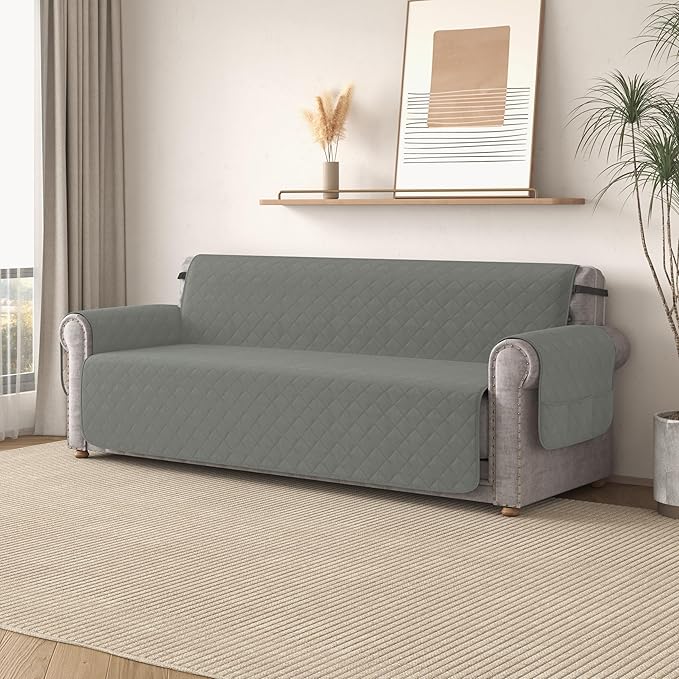 CHUN YI Oversized Couch Cover, Water Resistant Sofa Cover Slipcover for 4 Cushion Sofa, Washable with Adjustable Strap Storage Pocket for Living Room Dog Pet (Oversized Sofa, Light Grey)