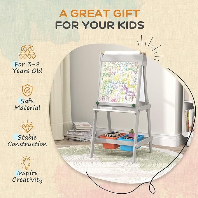 Qaba Art Easel, Easel for Kids with Paper Roll, Double Sided Whiteboard & Chalkboard for Toddlers Aged 3-8 Years Old, with Painting Paper Stand, 2 Storage Boxes, Gray