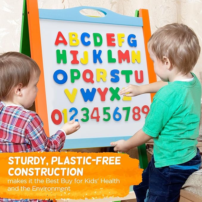 Double Sided Wooden Art Easel for Kids Standing Magnetic Whiteboard Chalkboard Small Toddler Toys. Includes Wooden ABC Numbers. Eco Friendly