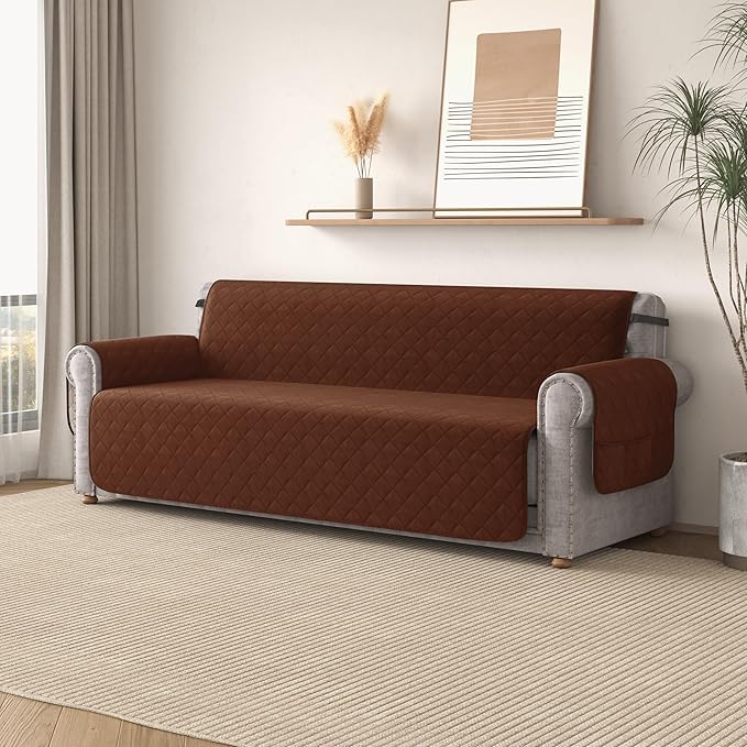 CHUN YI Oversized Couch Cover, Water Resistant Sofa Cover Slipcover for 4 Cushion Sofa, Washable with Adjustable Strap Storage Pocket for Living Room Dog Pet (Oversized Sofa, Chocolate)