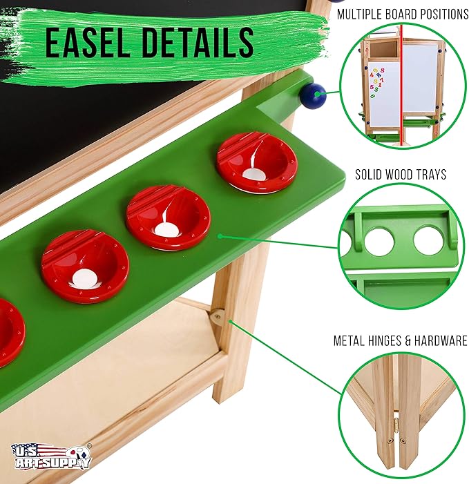 U.S. Art Supply Children's 3-Sided Art Activity Easel with Chalkboard, Large Paper Roll, Shelf & Plastic Paint Cups