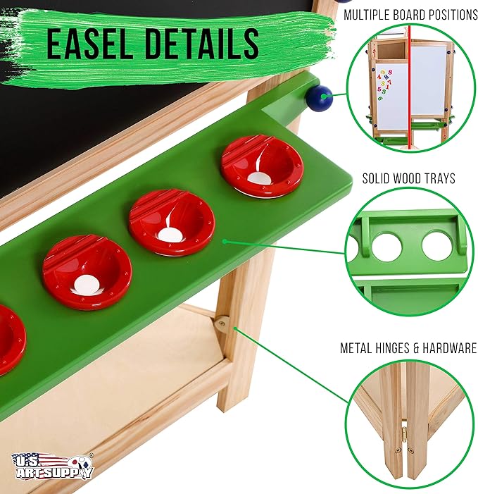 U.S. Art Supply Children's 3-Sided Art Activity Easel with Chalkboard, Large Paper Roll, Shelf & Plastic Paint Cups