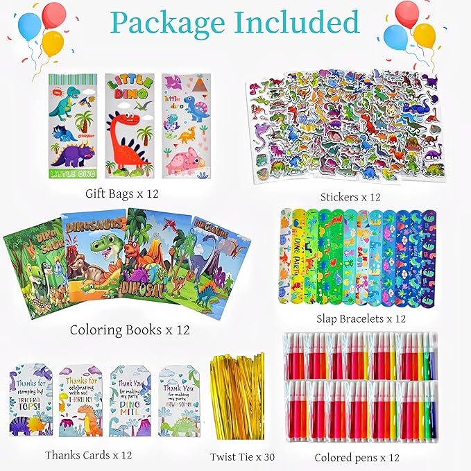 Dinosaur Party Favors for 12 Kids, Dinosaur Birthday Party Supplies, Dinosaur Goodie Bags for Boys Girls, Dinosaur Gifts Bags Fillers Pinata Stuffers, Dinosaur Party Toys Coloring Books