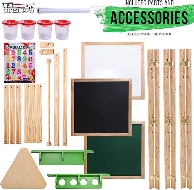 U.S. Art Supply Children's 3-Sided Art Activity Easel with Chalkboard, Large Paper Roll, Shelf & Plastic Paint Cups