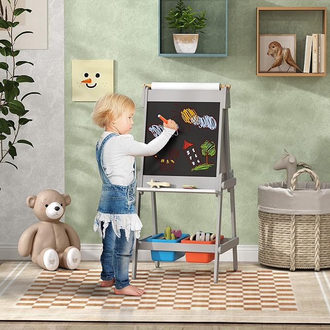 Qaba Art Easel, Easel for Kids with Paper Roll, Double Sided Whiteboard & Chalkboard for Toddlers Aged 3-8 Years Old, with Painting Paper Stand, 2 Storage Boxes, Gray