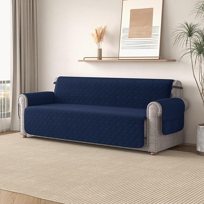 CHUN YI Couch Cover, Water Resistant Slipcover for 3 Cushion Sofa, Reversible Washable Sofa Cover with Adjustable Strap Storage Pocket for Living Room Dog Pet (Sofa, Navy)