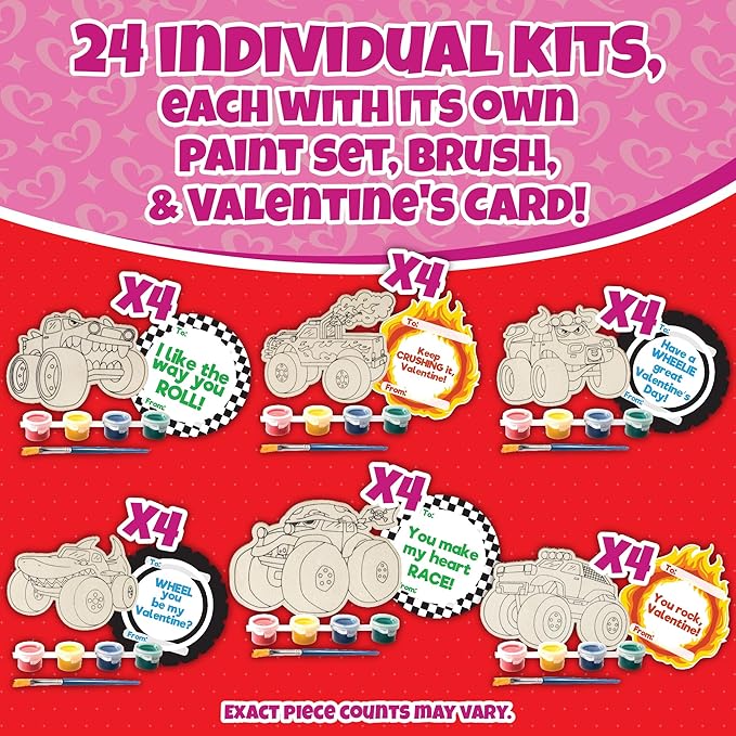 Kids Valentine's Day Cards - Monster Trucks Wood Painting Craft Kits (24ct)- Each Valentines Card Includes Craft w Paints, Brush, and Sticker- Make Classroom School Exchange Gifts Fun for Boys & Girls