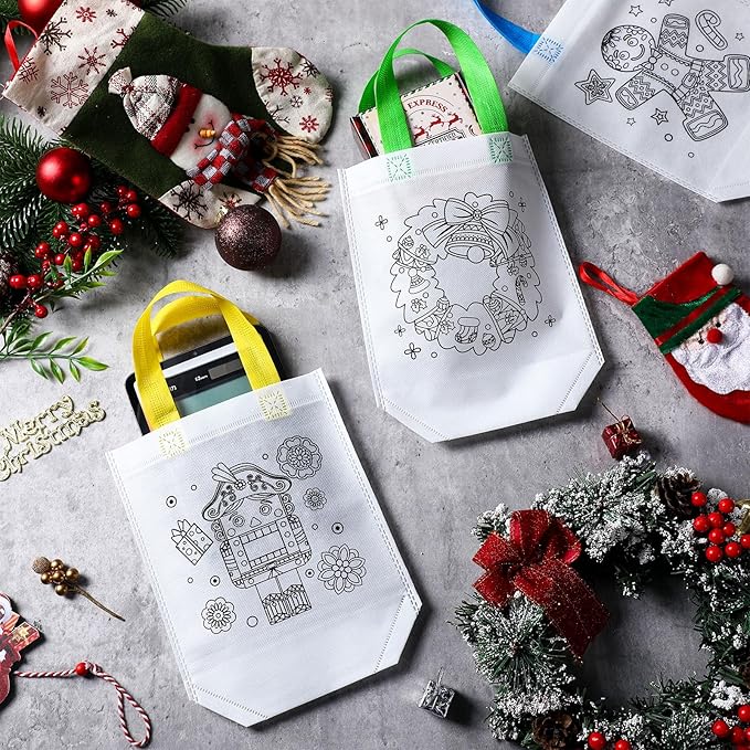Pasimy 24 Pieces Mandala Christmas Coloring Goodies Bags with 144 Makers Recycle Bag Coloring Gifts Bags Color Your Own Totes for Kids DIY Painting Art Crafts Xmas Holiday Birthday Party Favors