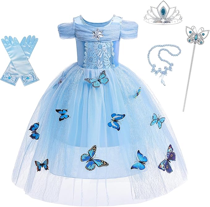 Dressy Daisy Little Girls' Princess Dress Costume with Accessories Halloween Fancy Dresses Up Butterfly Size 5-6 Blue