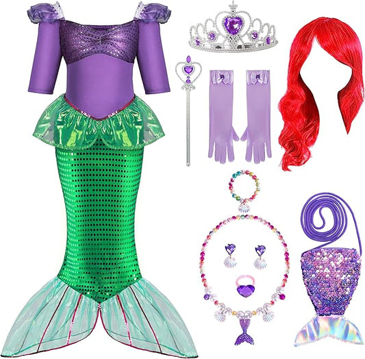 Spooktacular Creations Halloween Little Mermaid Costume for Girls, Sequin Mermaid Dress Set, Dark Purple Princess Dress for Toddler Dress-Up, Cosplay Party (Large, 10-12 yrs)