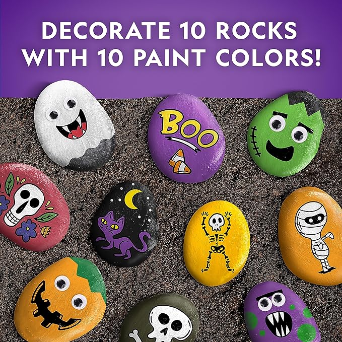 National Geographic Creepy Creatures Rock Painting Kit - Halloween Arts & Crafts Kit for Kids, Decorate 10 River Rocks with 10 Paint Colors & More Spooky Art Supplies, Halloween Kids Toys